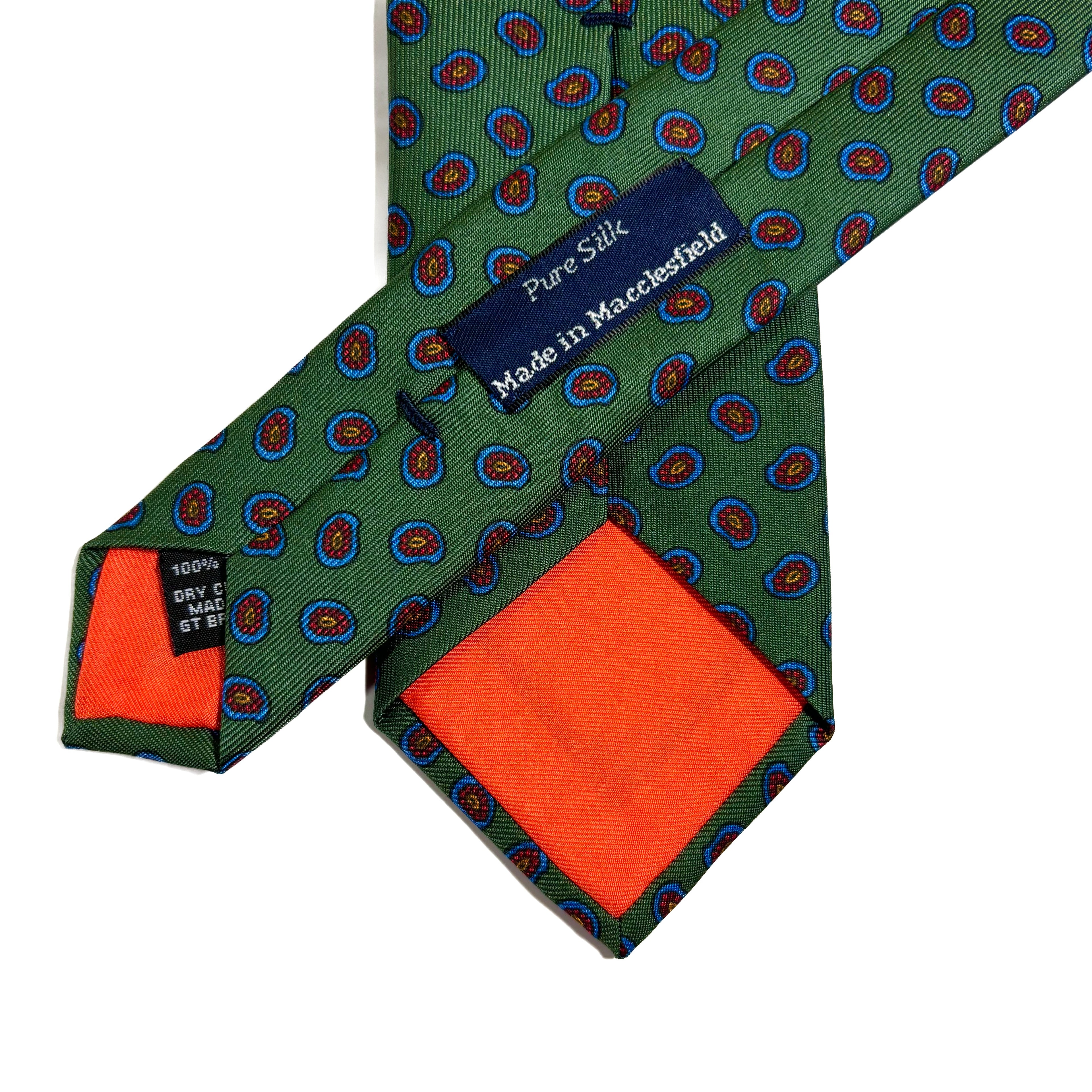 Slim Screen-Printed Green Paisley Foulard Silk Tie