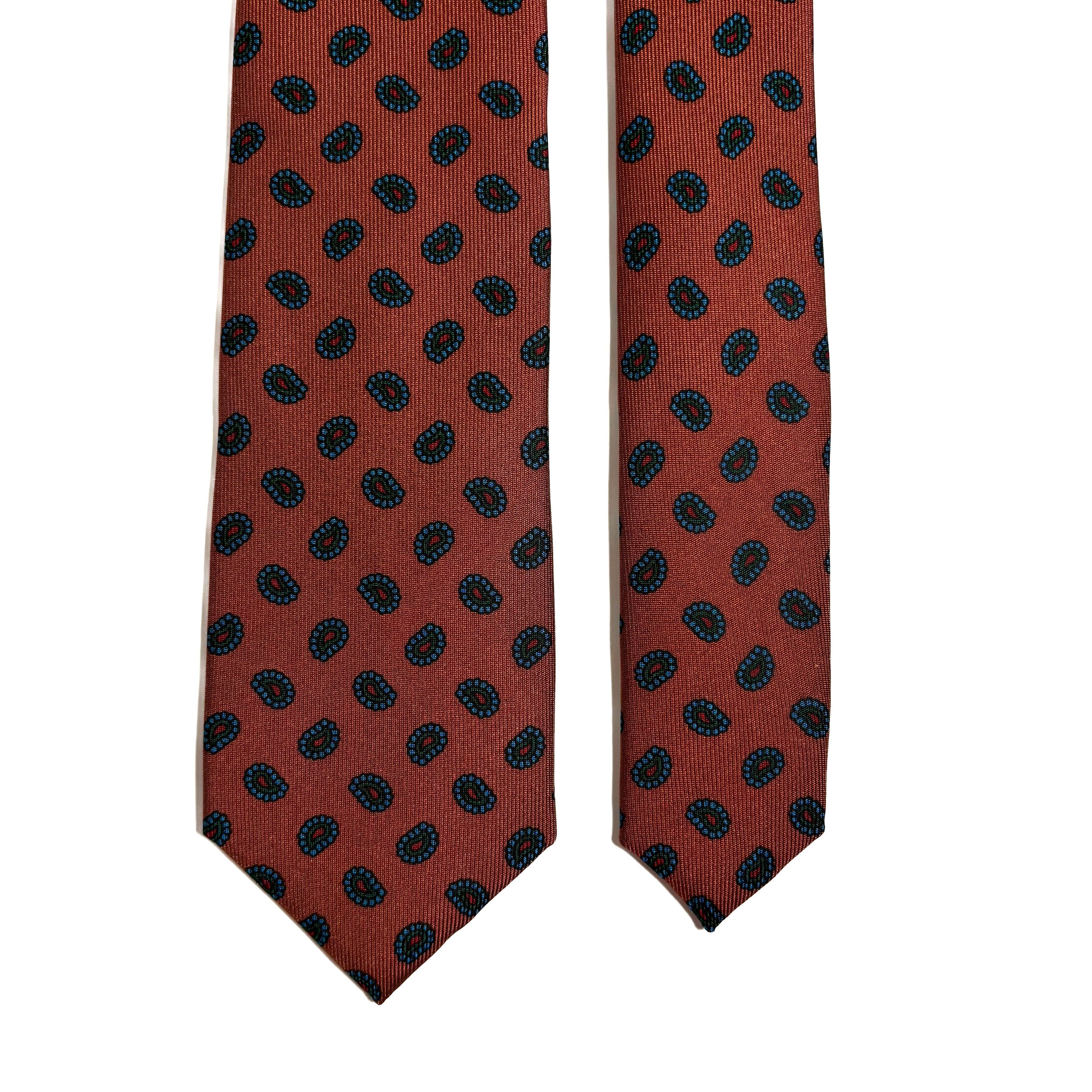 Slim Screen-Printed Light Brown Paisley Foulard Silk Tie