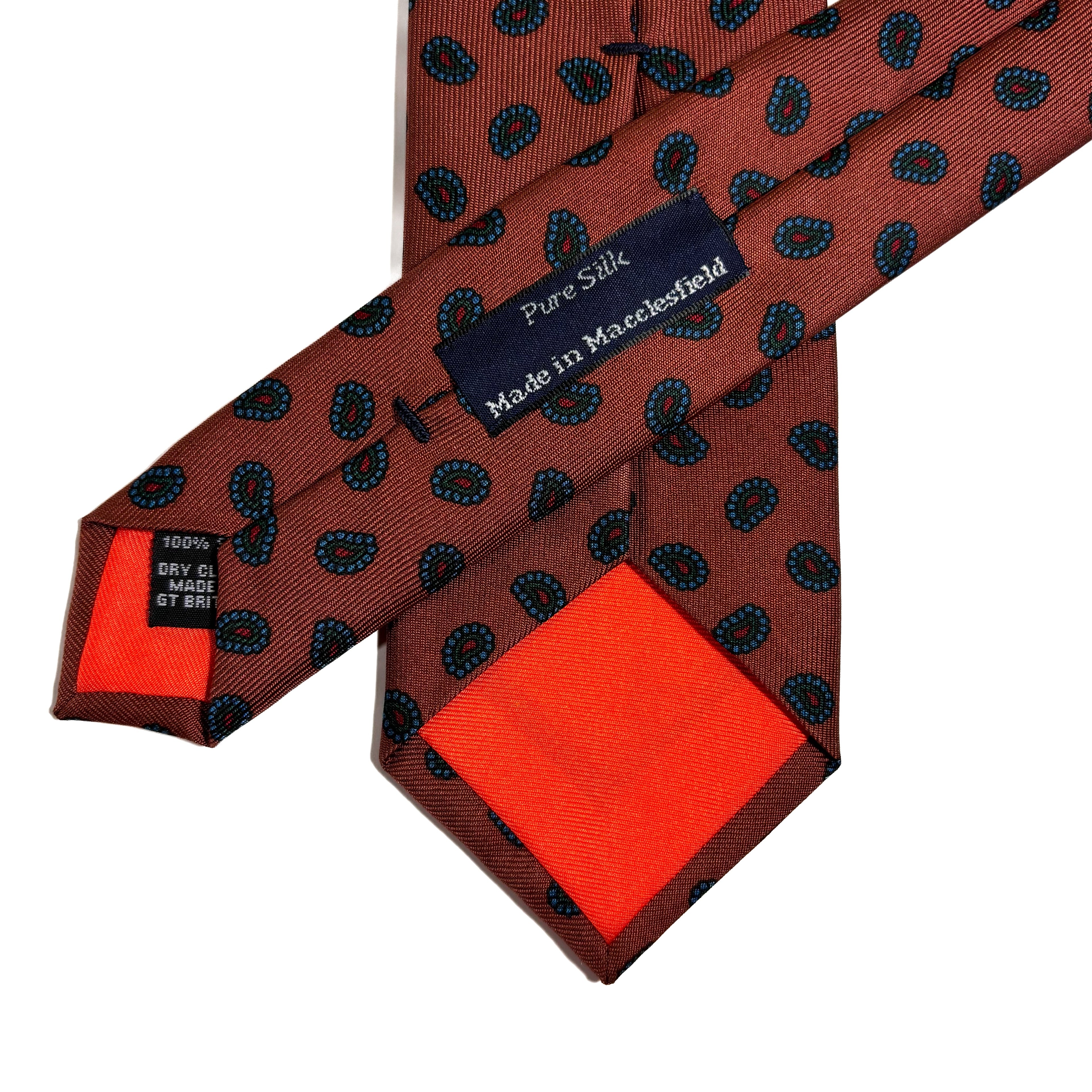 Slim Screen-Printed Light Brown Paisley Foulard Silk Tie