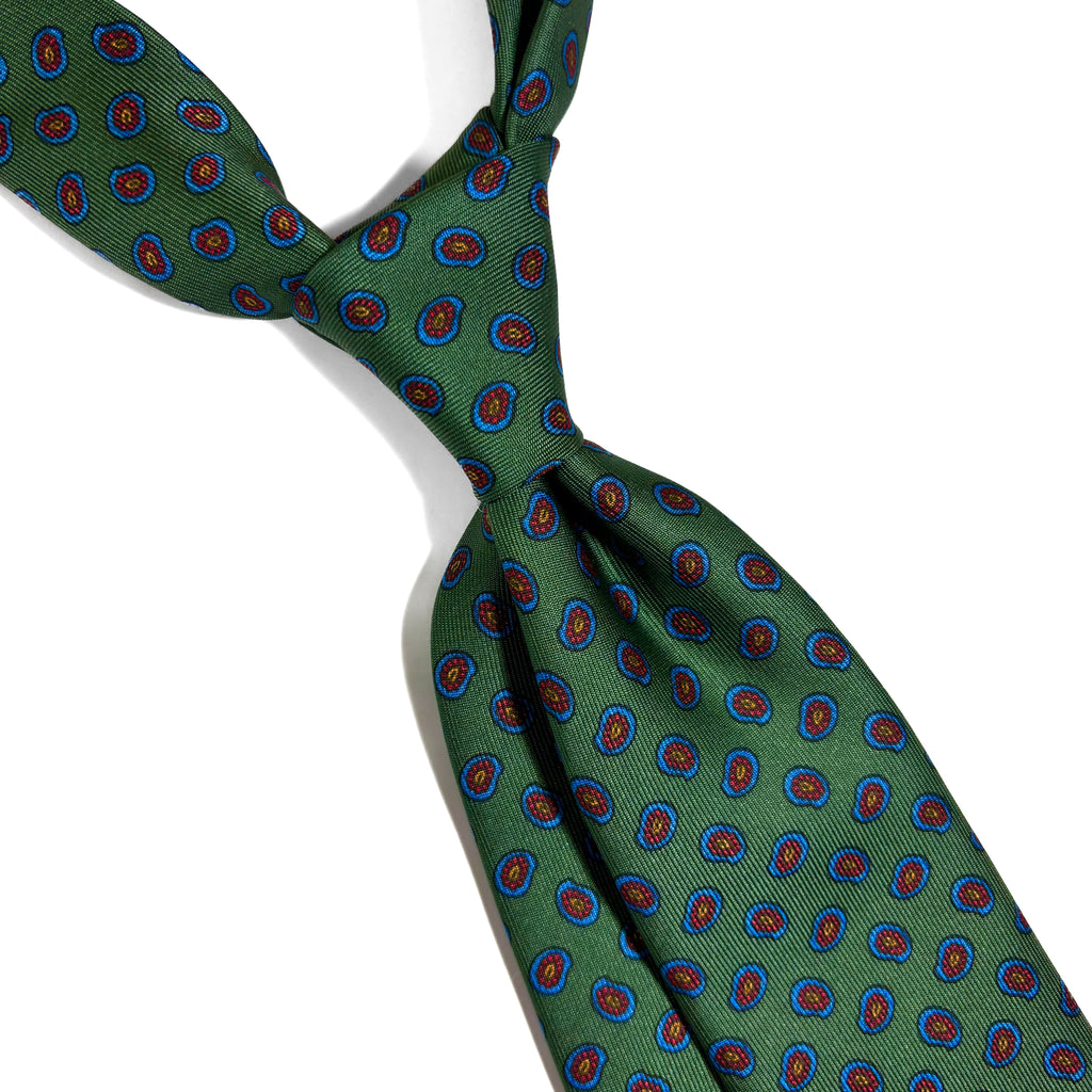 Slim Screen-Printed Green Paisley Foulard Silk Tie
