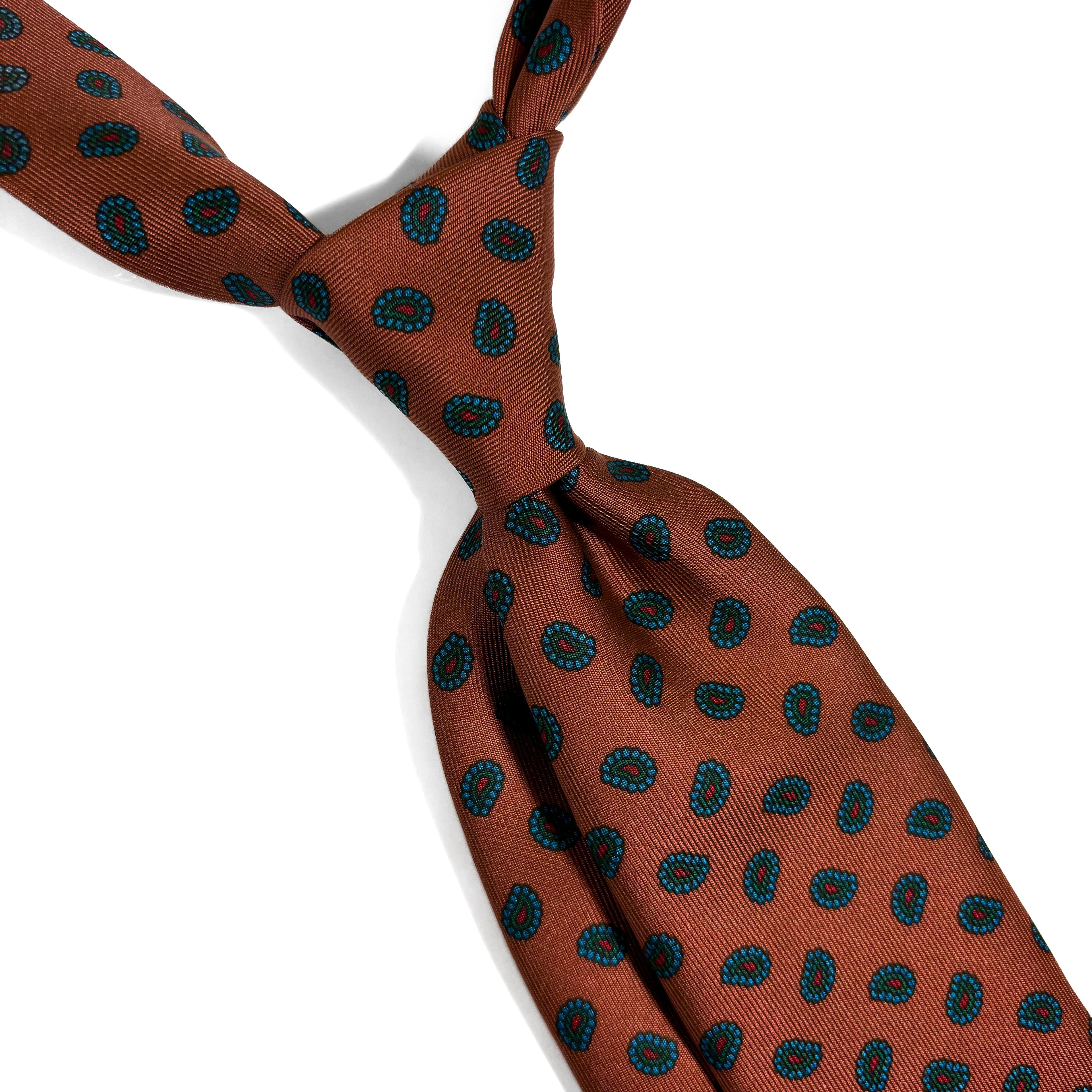 Slim Screen-Printed Light Brown Paisley Foulard Silk Tie