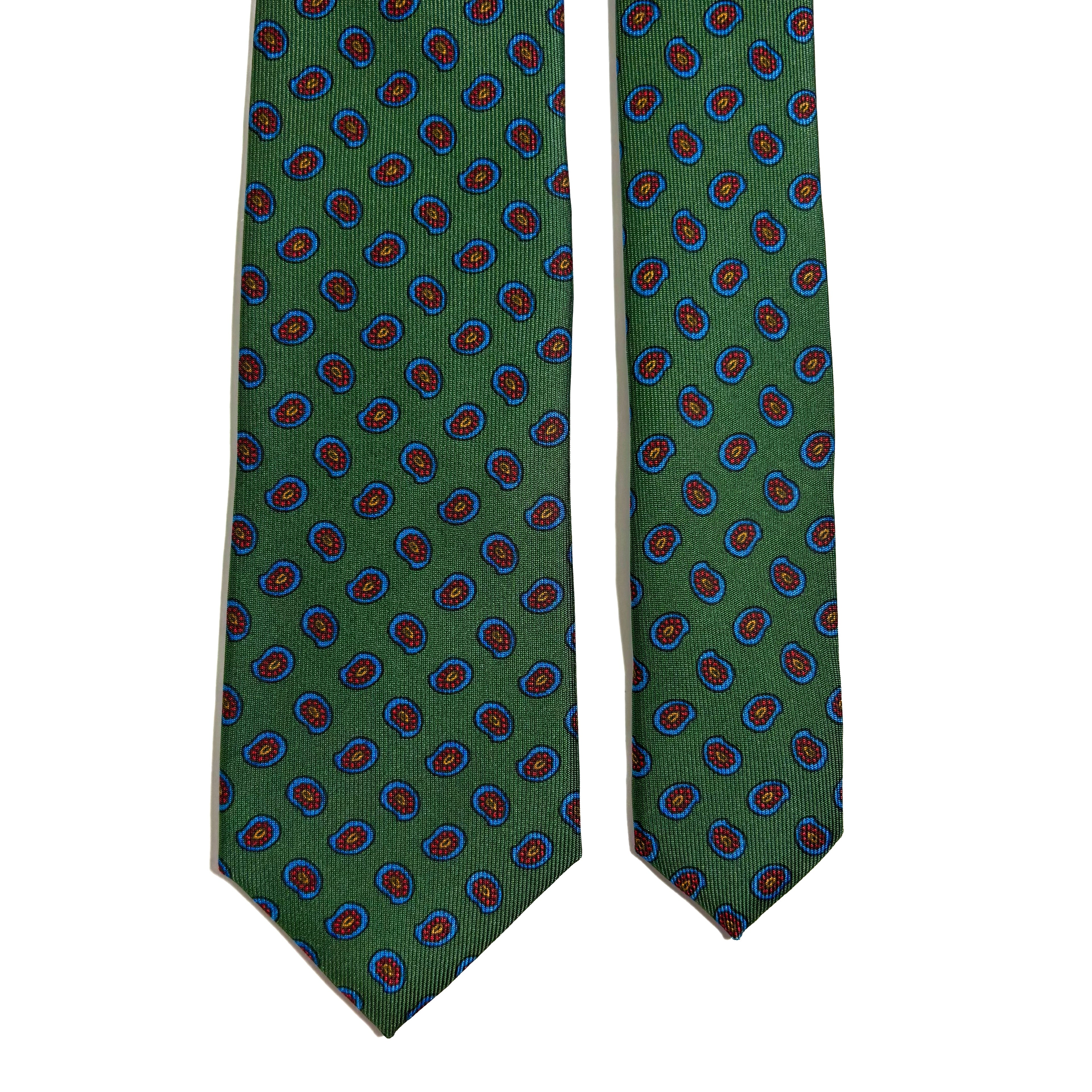 Slim Screen-Printed Green Paisley Foulard Silk Tie